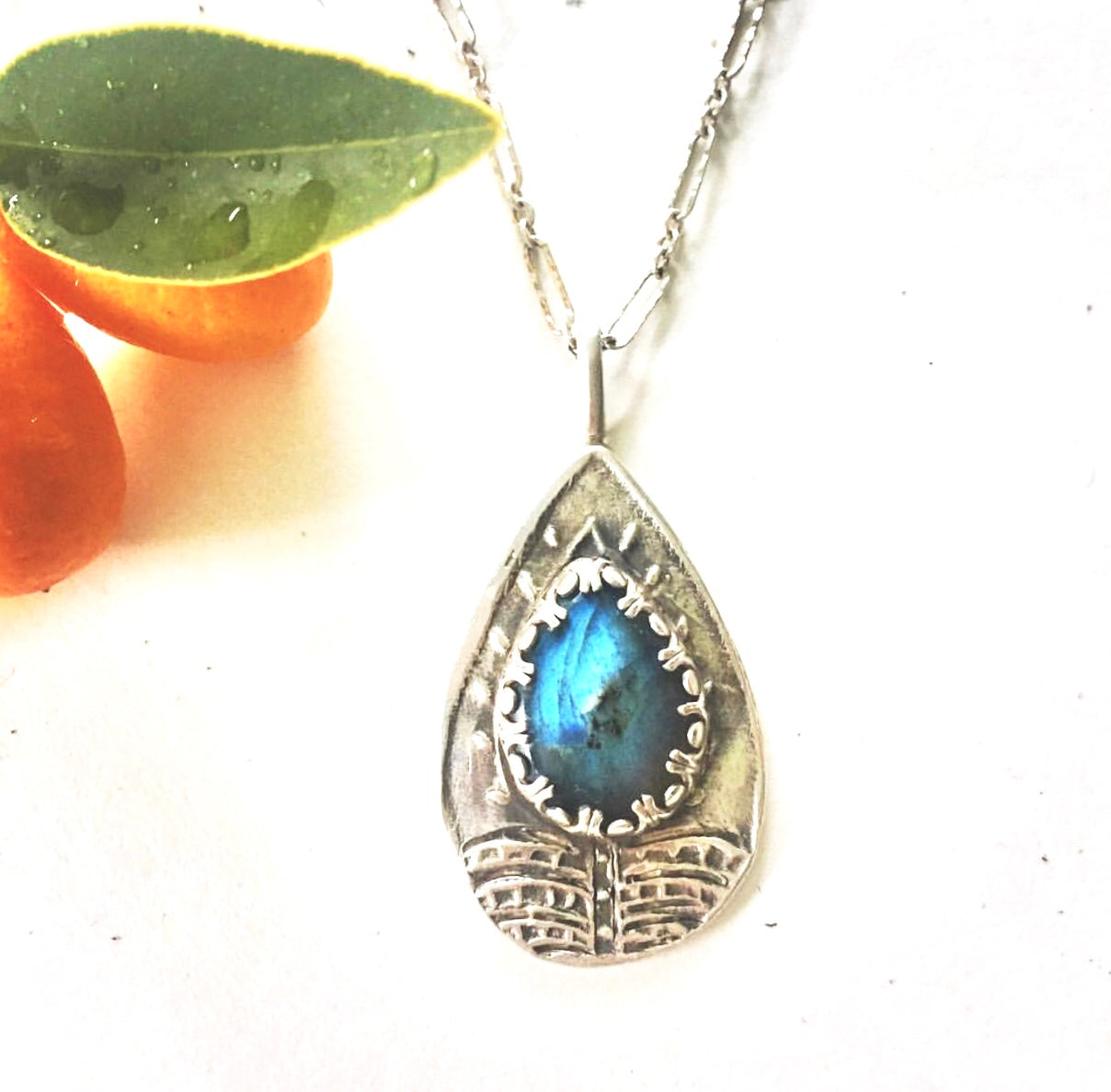 Organic Sterling And Labradorite Teardrop Pendant