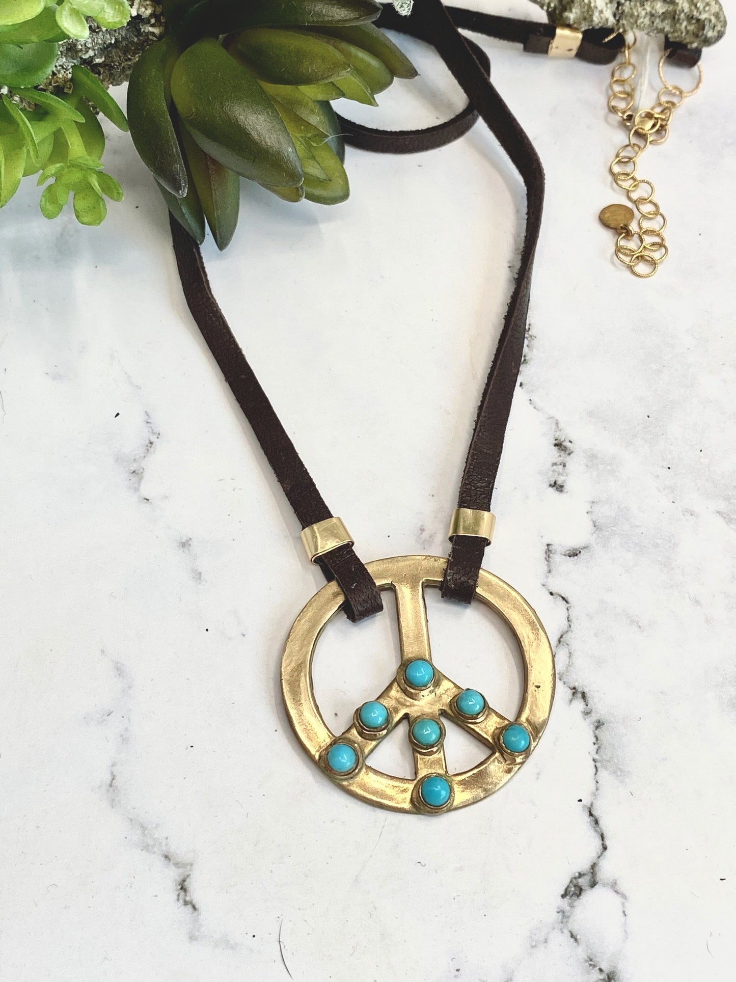 Gold Bronze And Turquoise PEACE Sign Choker Pendant On Brown Leather With 14k Gold Fill