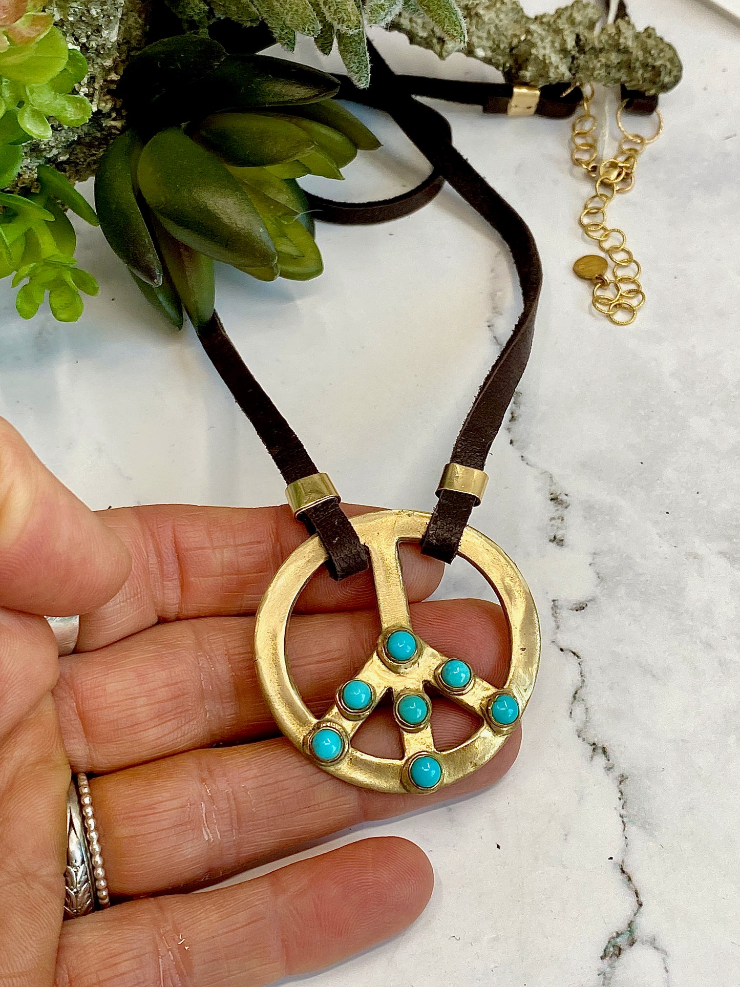 Gold Bronze And Turquoise PEACE Sign Choker Pendant On Brown Leather With 14k Gold Fill