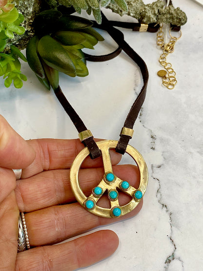 Gold Bronze And Turquoise PEACE Sign Choker Pendant On Brown Leather With 14k Gold Fill