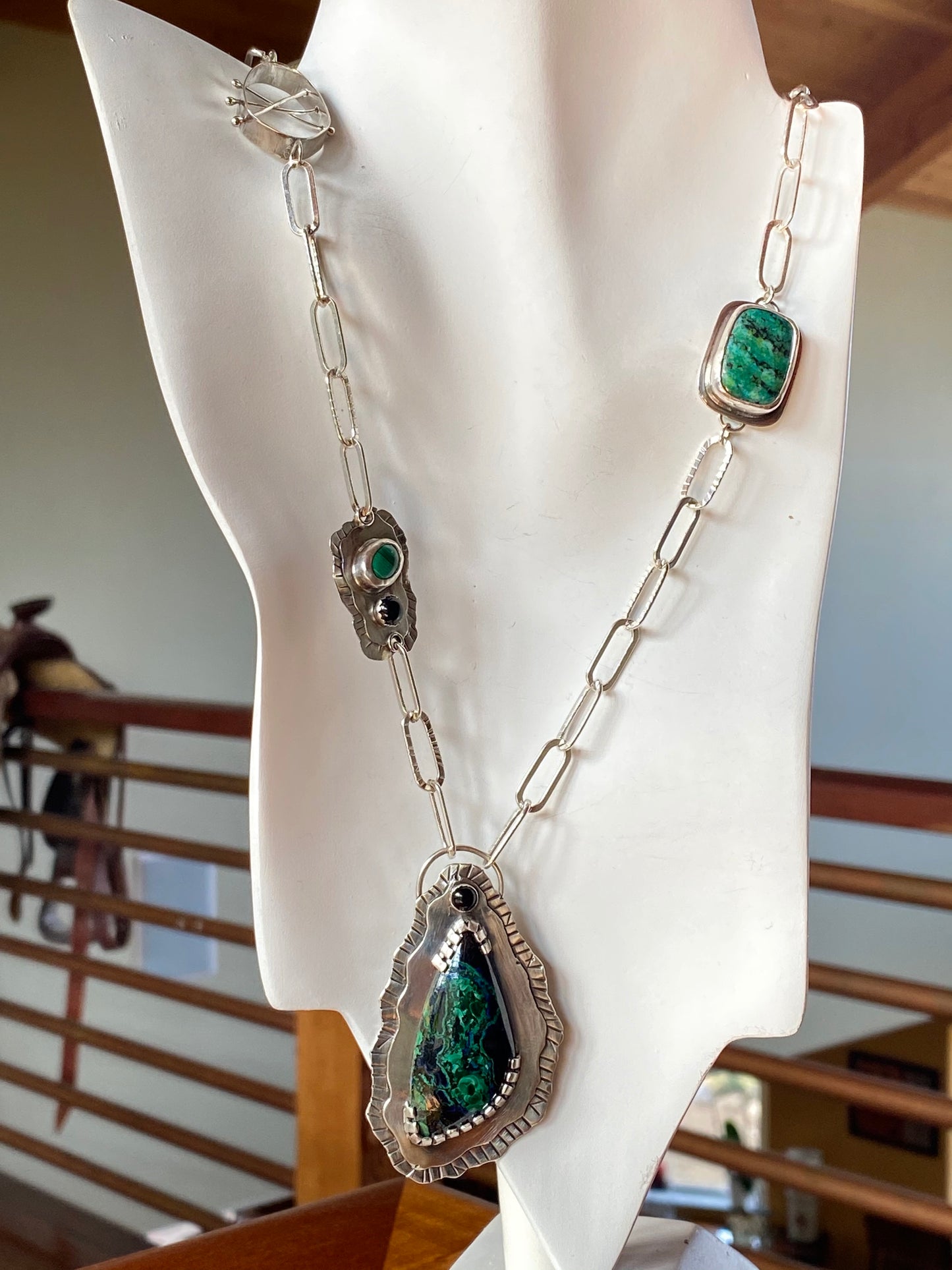 Sterling Silver Azurite Malachite Chrysocolla And Onyx Statement Necklace - Large Handcrafted Gemstone Peace Necklace