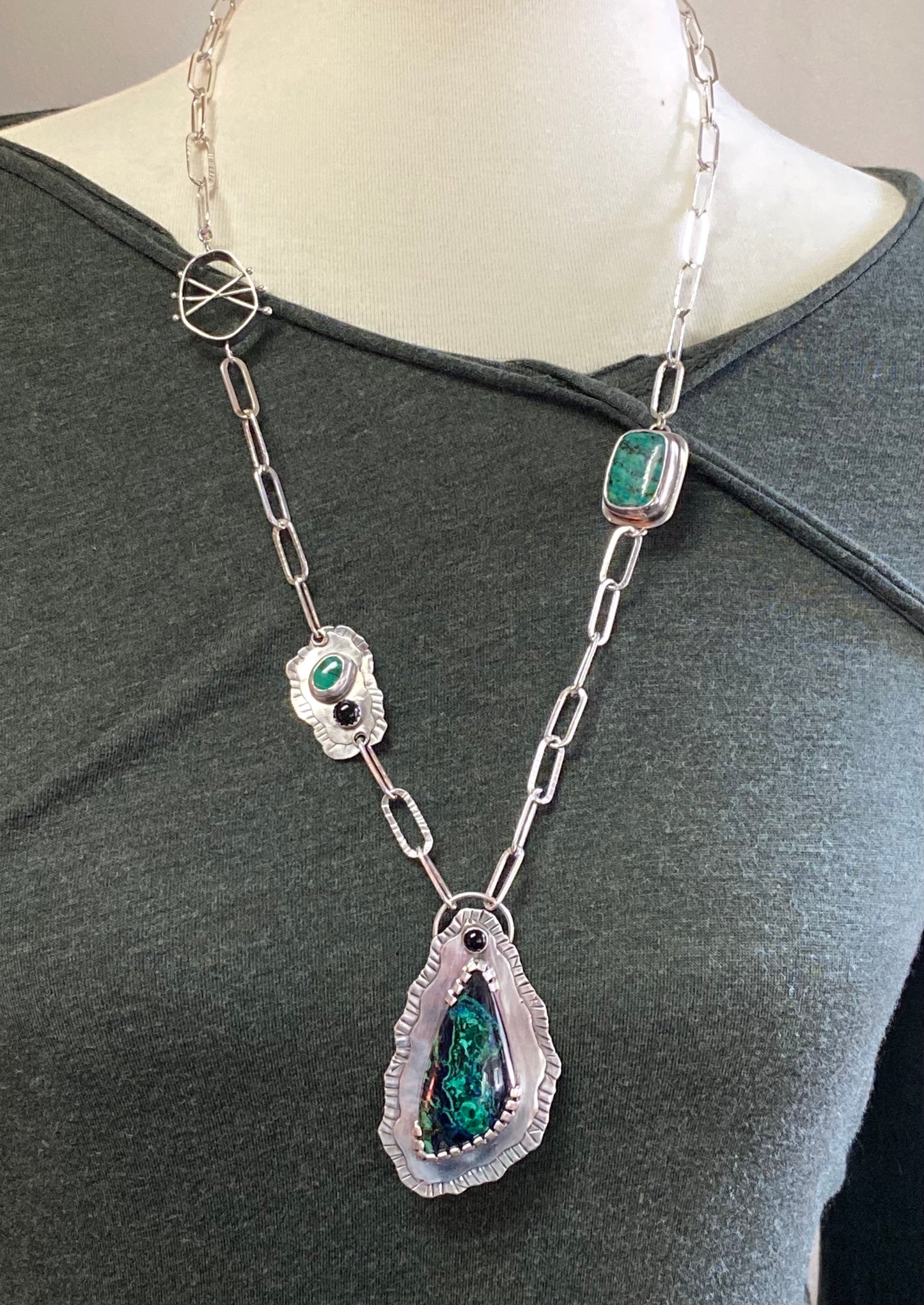 Sterling Silver Azurite Malachite Chrysocolla And Onyx Statement Necklace - Large Handcrafted Gemstone Peace Necklace