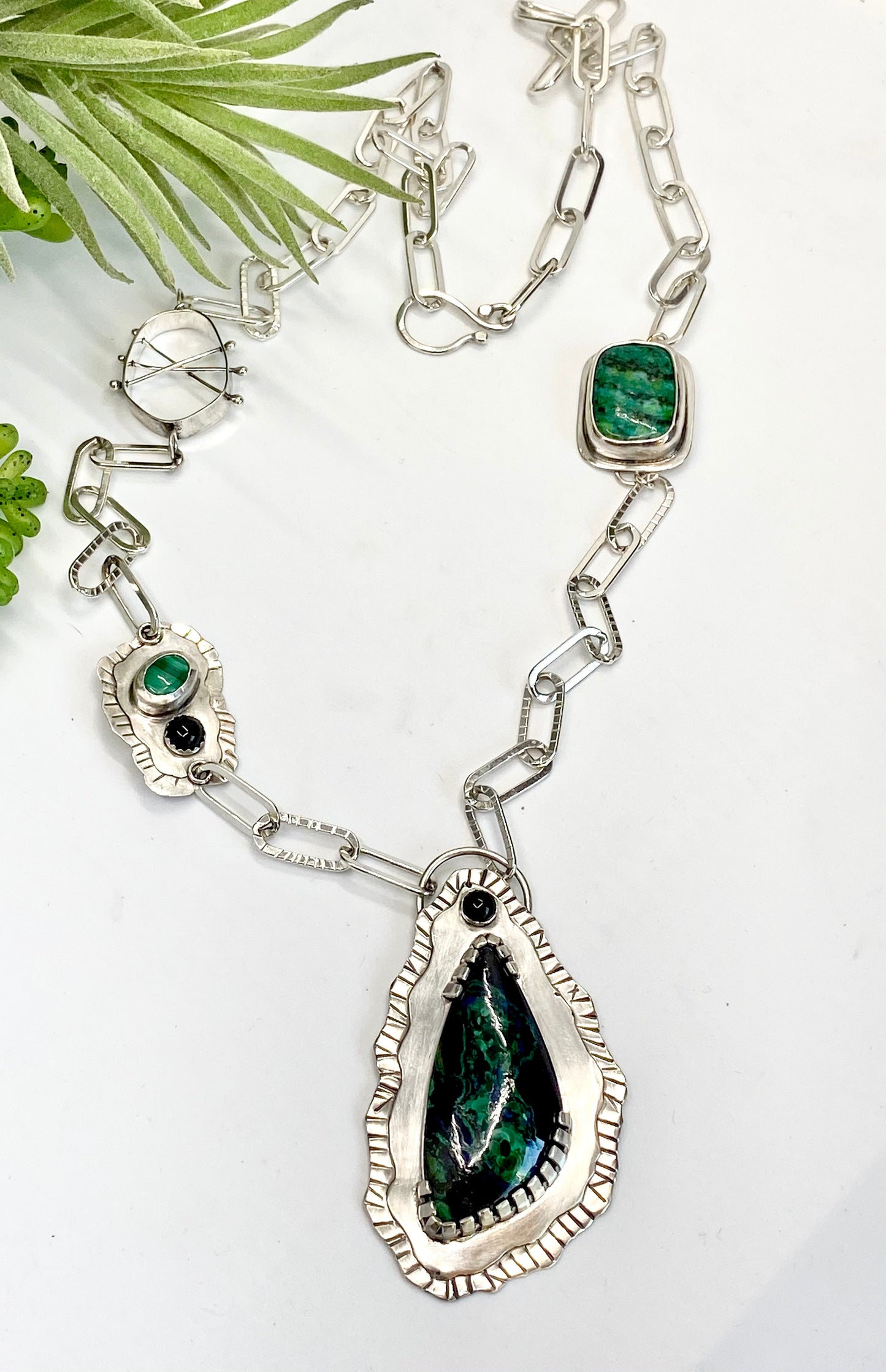 Sterling Silver Azurite Malachite Chrysocolla And Onyx Statement Necklace - Large Handcrafted Gemstone Peace Necklace