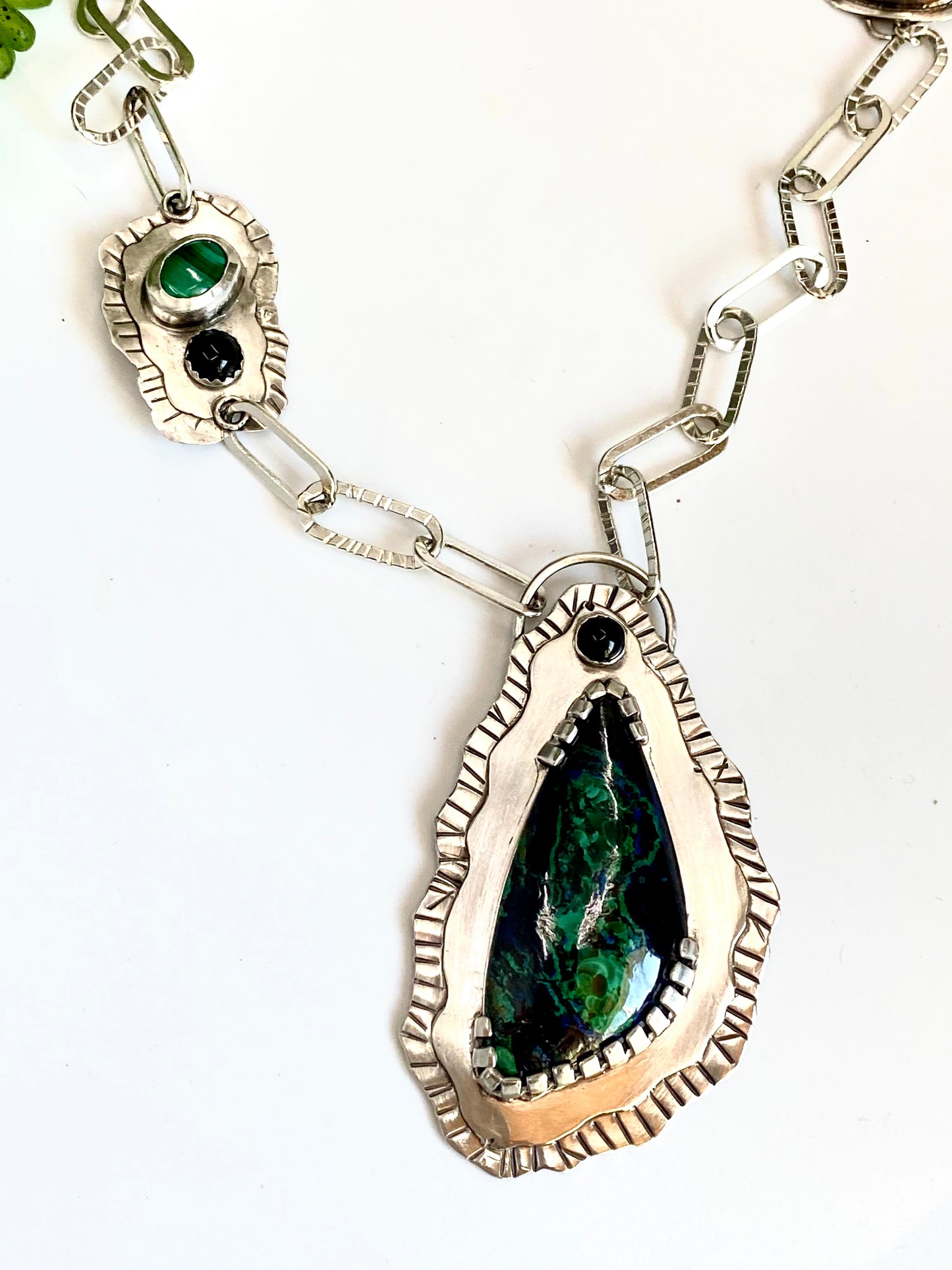 Sterling Silver Azurite Malachite Chrysocolla And Onyx Statement Necklace - Large Handcrafted Gemstone Peace Necklace