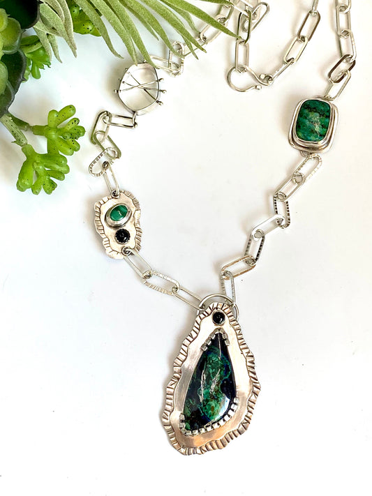 Sterling Silver Azurite Malachite Chrysocolla And Onyx Statement Necklace - Large Handcrafted Gemstone Peace Necklace