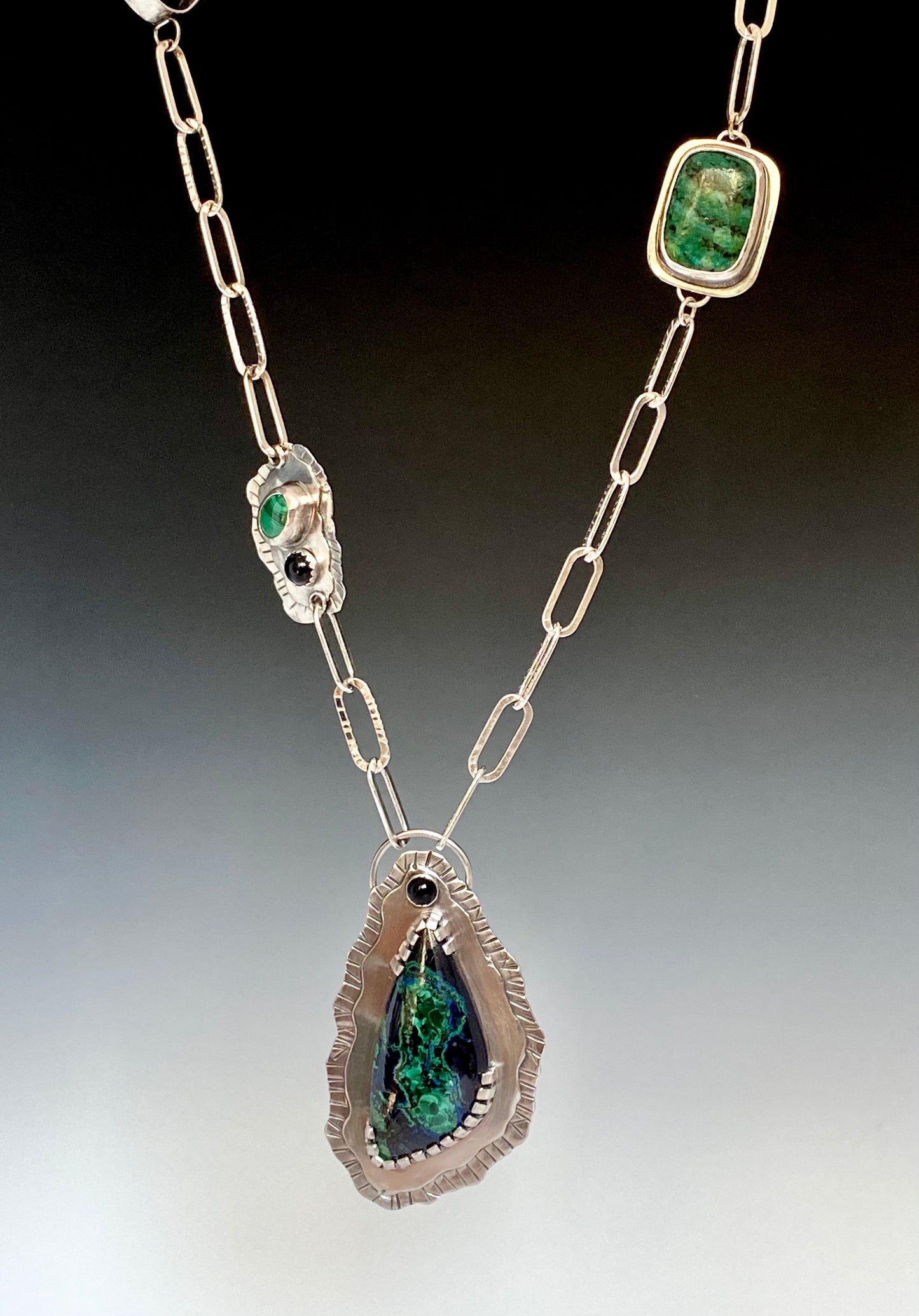 Sterling Silver Azurite Malachite Chrysocolla And Onyx Statement Necklace - Large Handcrafted Gemstone Peace Necklace