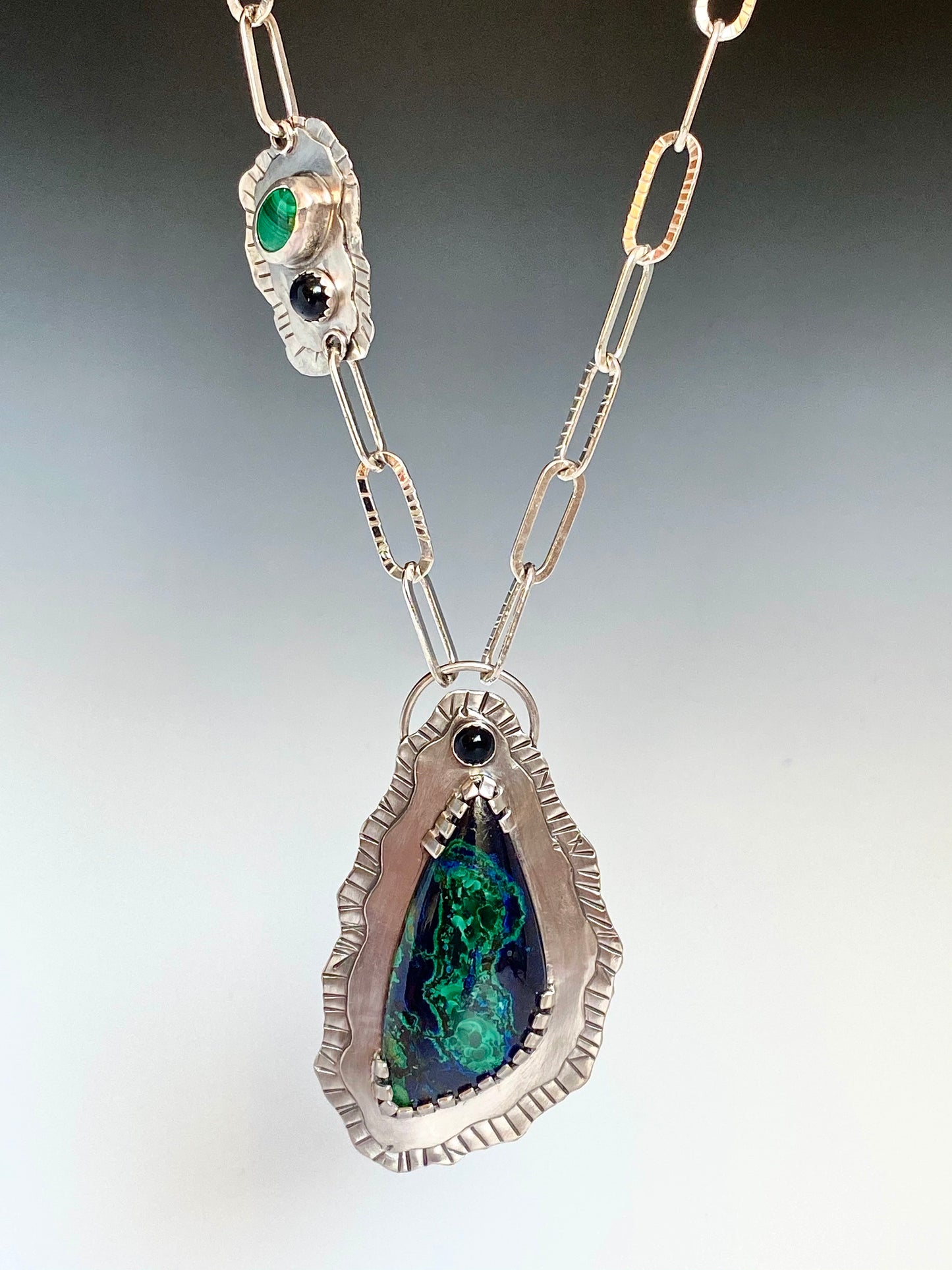 Sterling Silver Azurite Malachite Chrysocolla And Onyx Statement Necklace - Large Handcrafted Gemstone Peace Necklace