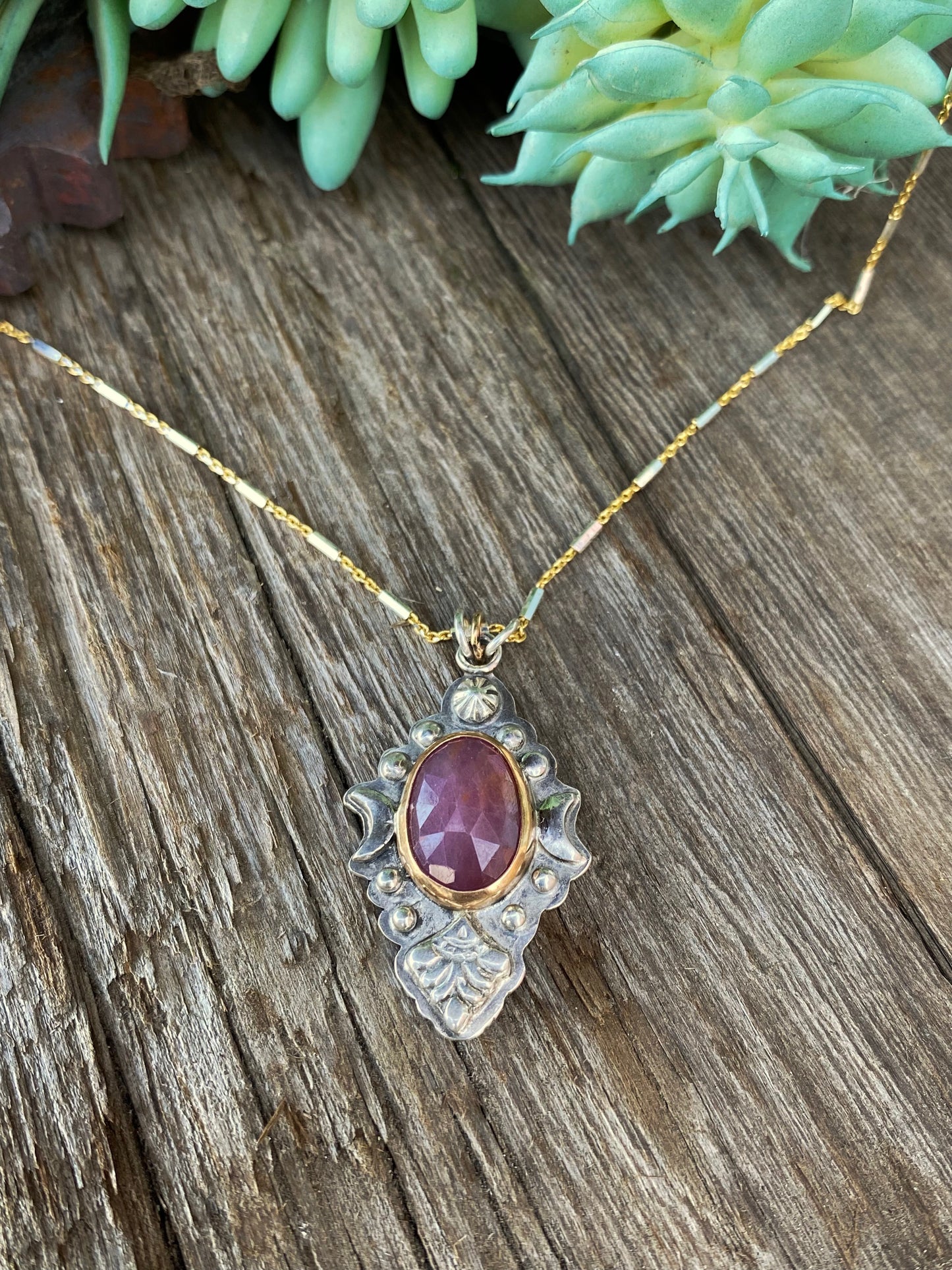 Beautiful Faceted Rose Cut Pink Sapphire In Sterling Silver And 14K Gold Filled