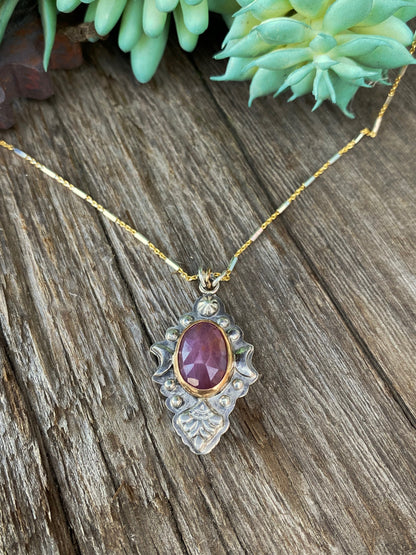 Beautiful Faceted Rose Cut Pink Sapphire In Sterling Silver And 14K Gold Filled