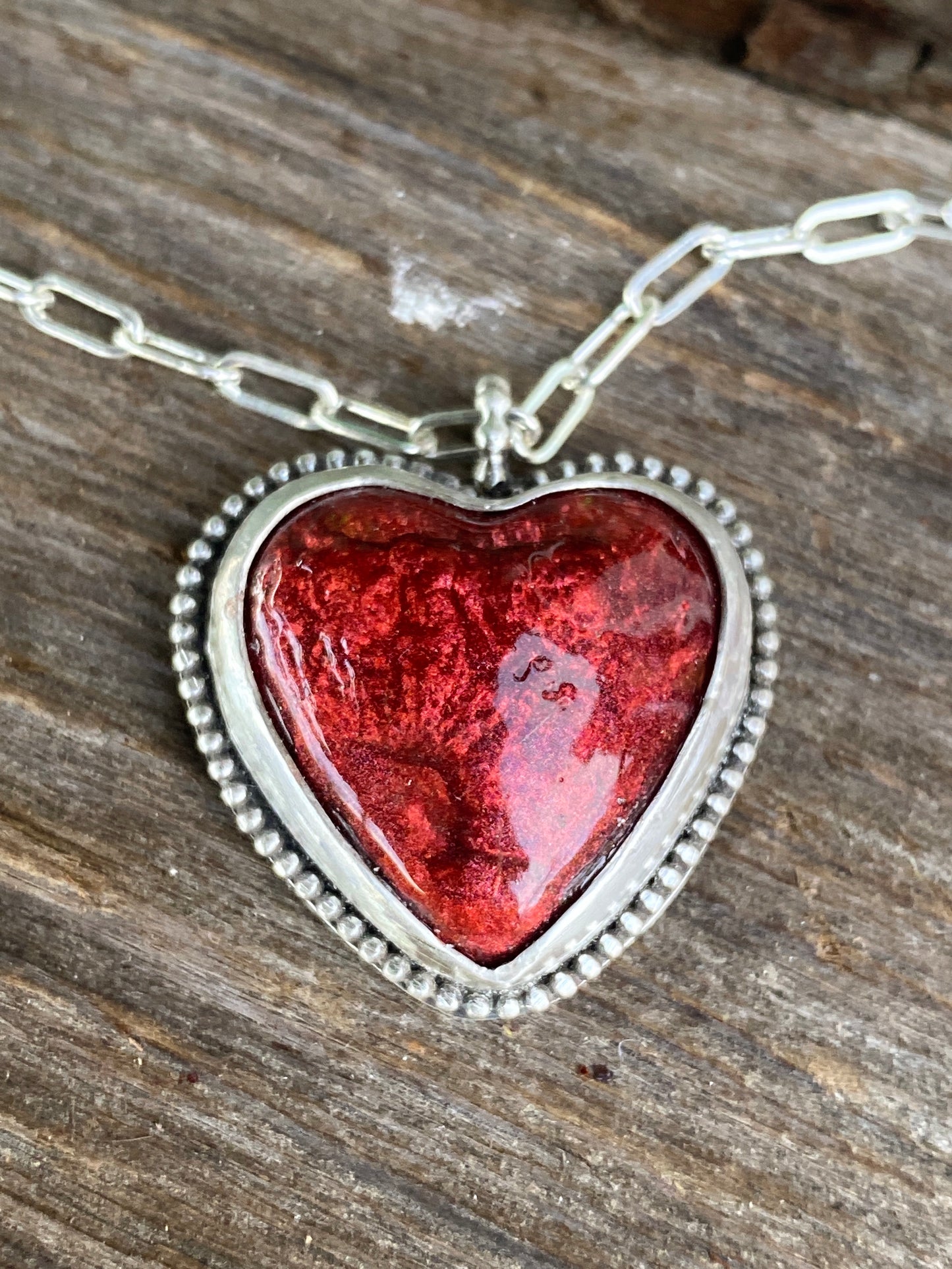 Red Hot Molten Lava Resin And Sterling Silver Heart