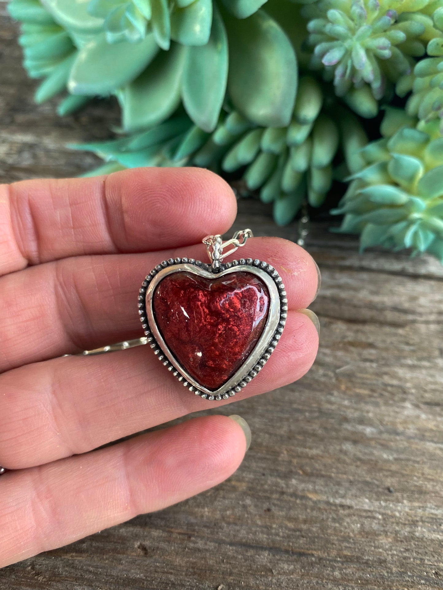 Red Hot Molten Lava Resin And Sterling Silver Heart