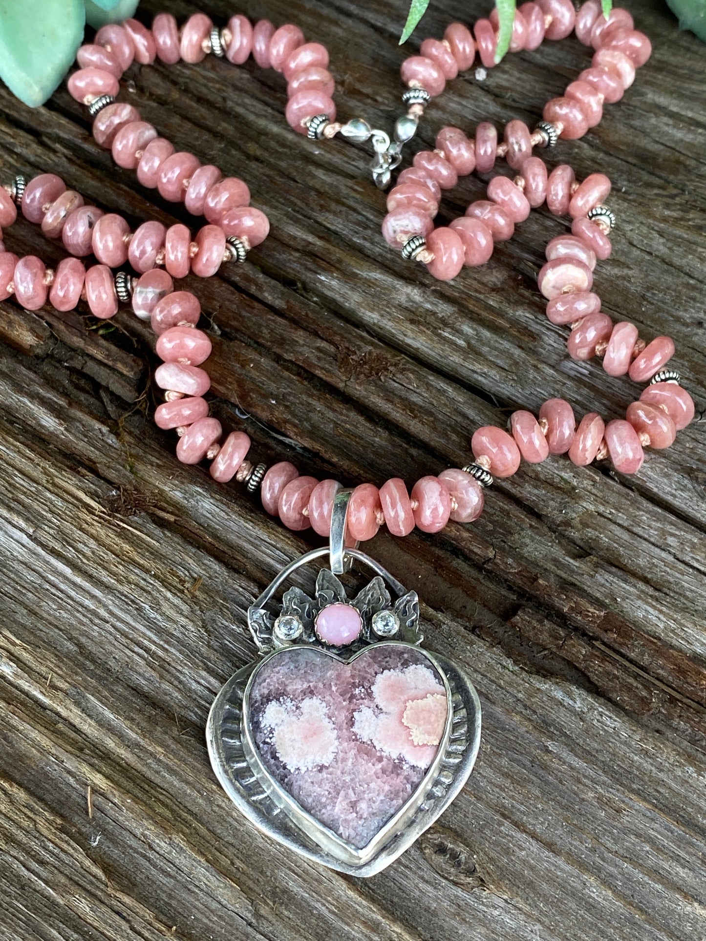 Large Pink Rhodochrosite And Pink Opal Heart Pendant- Hearts On Fire