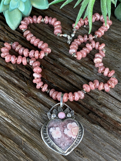Large Pink Rhodochrosite And Pink Opal Heart Pendant- Hearts On Fire
