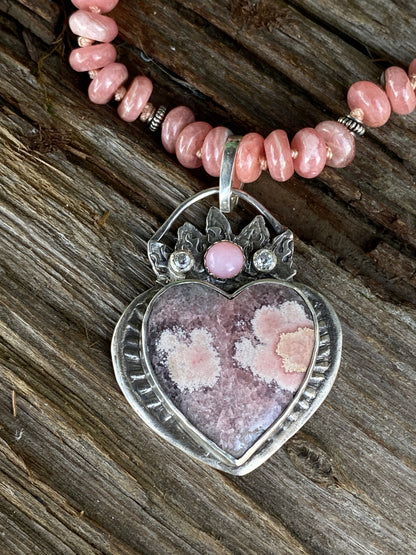 Large Pink Rhodochrosite And Pink Opal Heart Pendant- Hearts On Fire