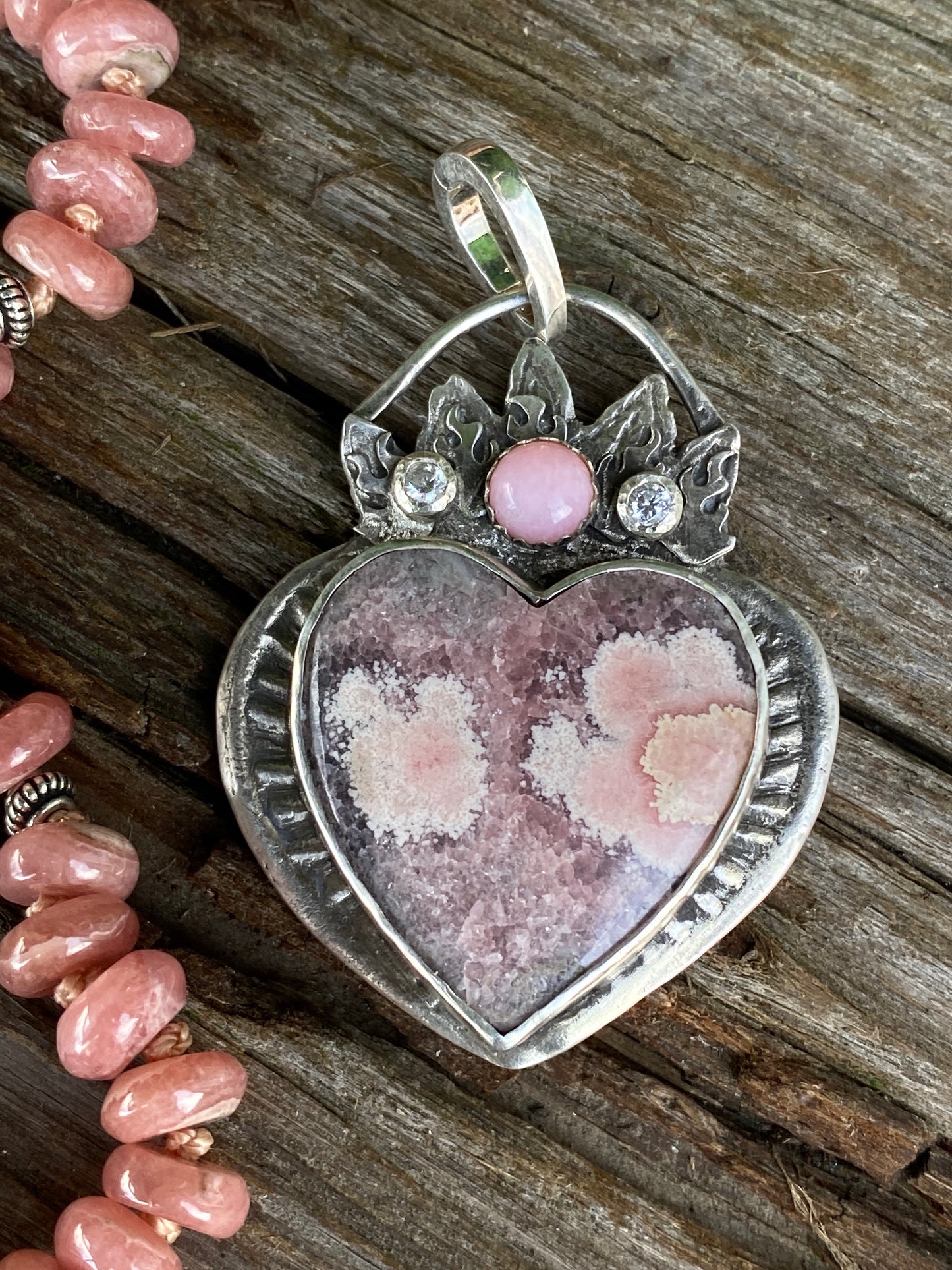 Large Pink Rhodochrosite And Pink Opal Heart Pendant- Hearts On Fire