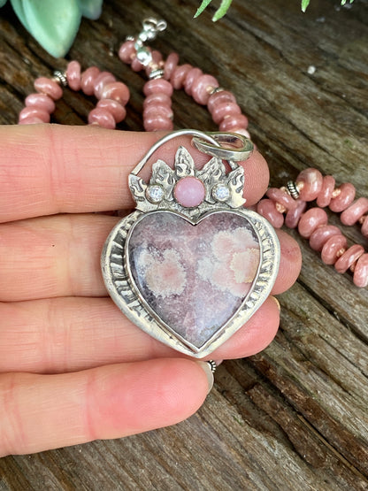 Large Pink Rhodochrosite And Pink Opal Heart Pendant- Hearts On Fire