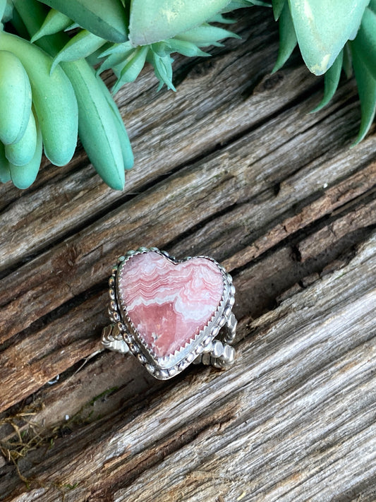 Sterling Silver And Pink Rhodochrosite Heart Ring With Double Pebble Band
