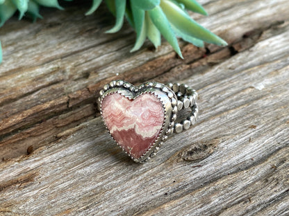 Sterling Silver And Pink Rhodochrosite Heart Ring With Double Pebble Band