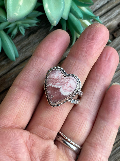 Sterling Silver And Pink Rhodochrosite Heart Ring With Double Pebble Band