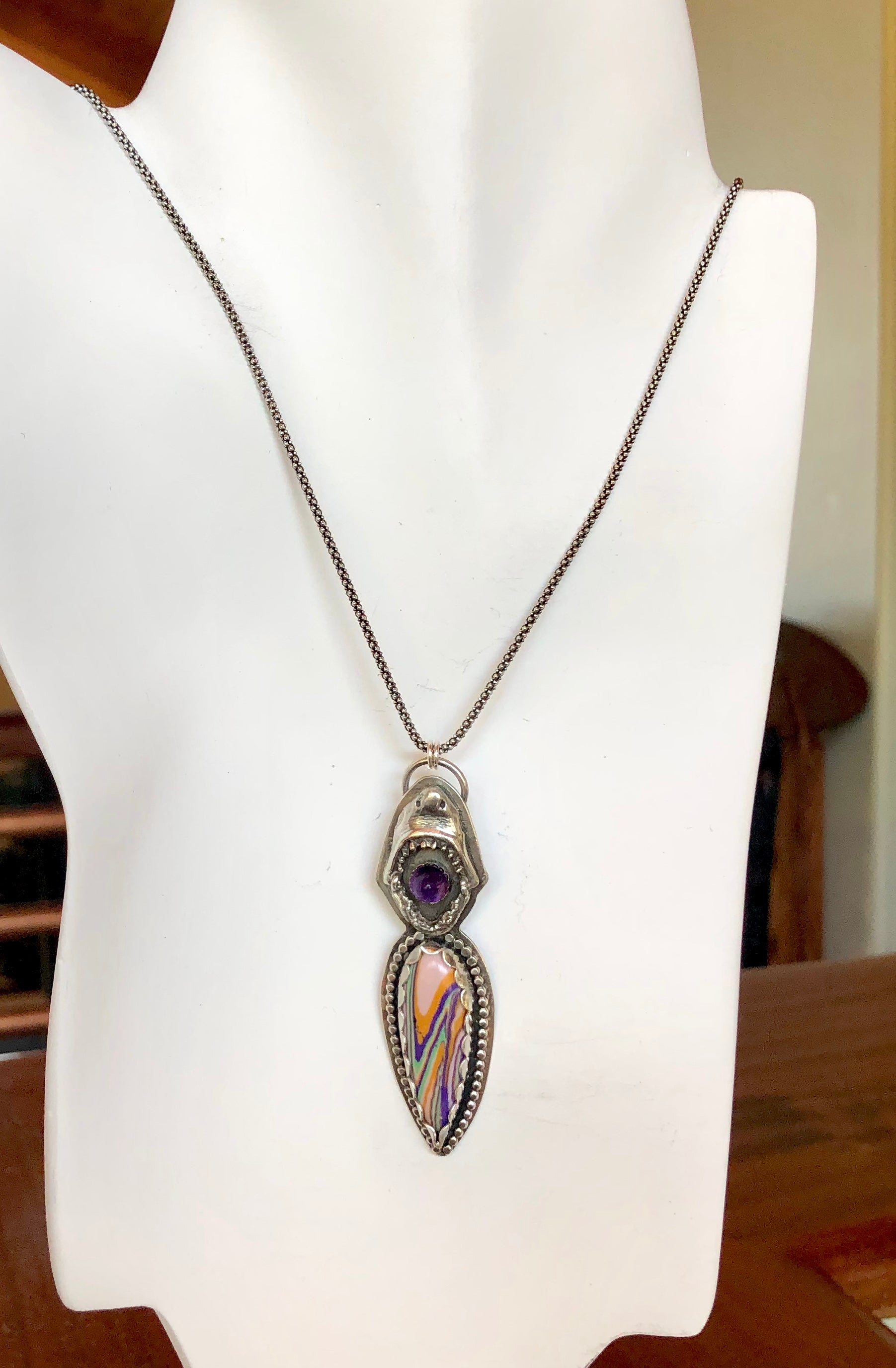 Sterling Silver Shark With Amethyst and Surfite Necklace