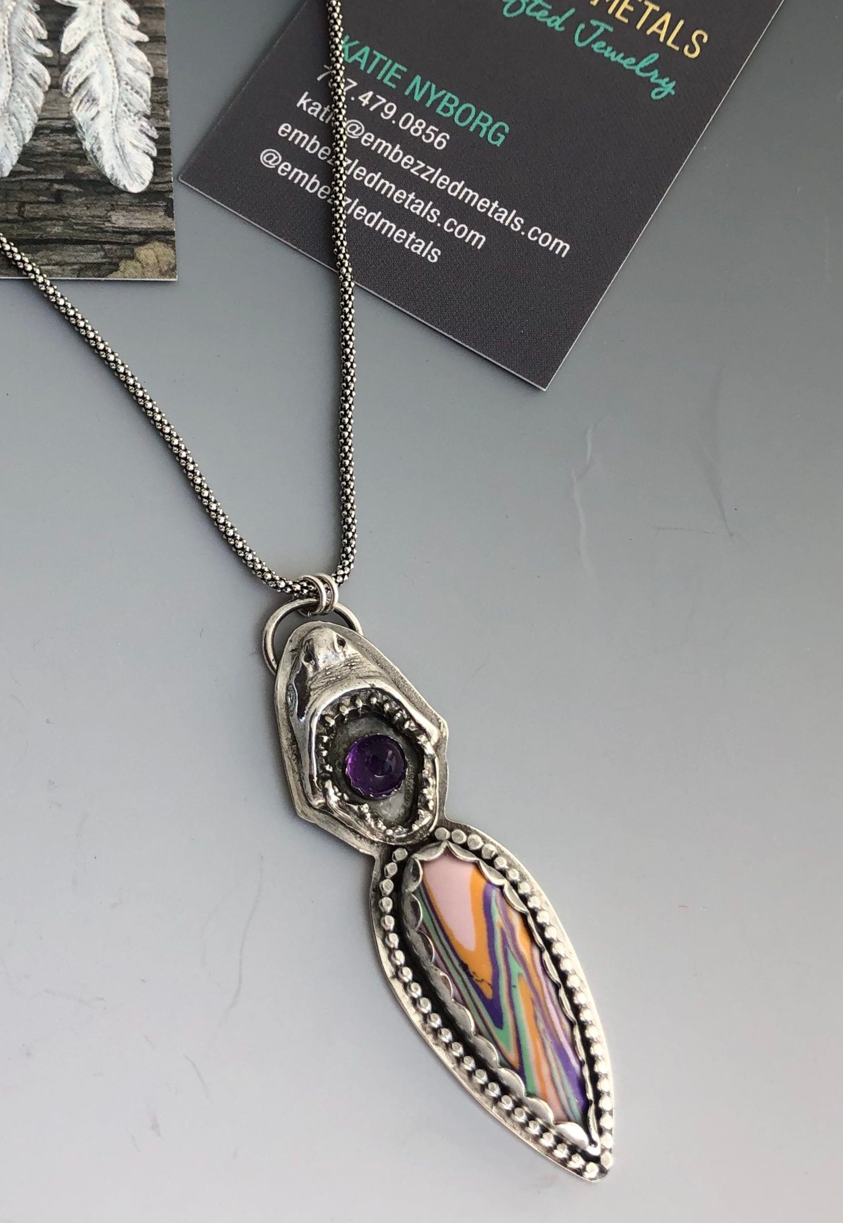 Sterling Silver Shark With Amethyst and Surfite Necklace
