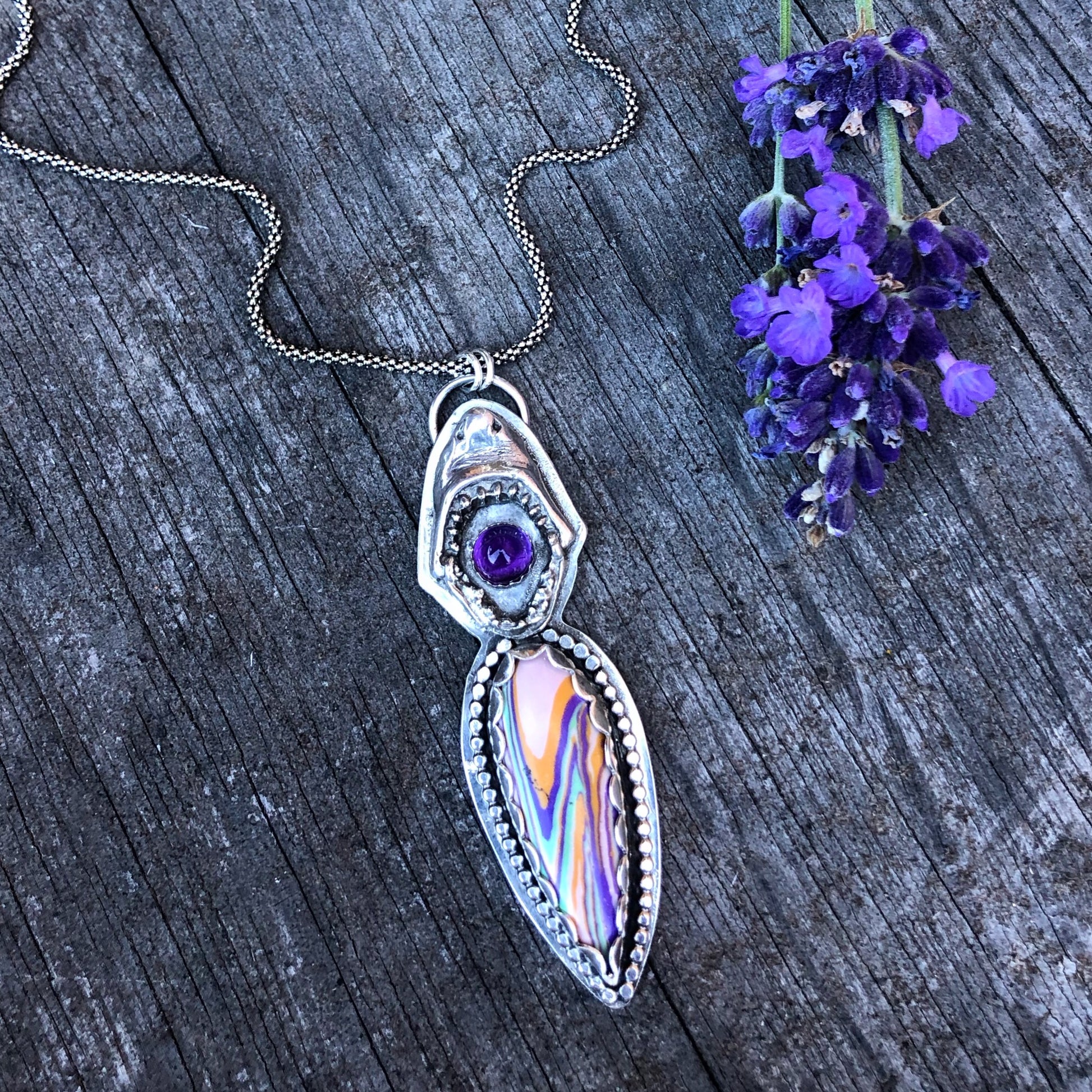 Sterling Silver Shark With Amethyst and Surfite Necklace