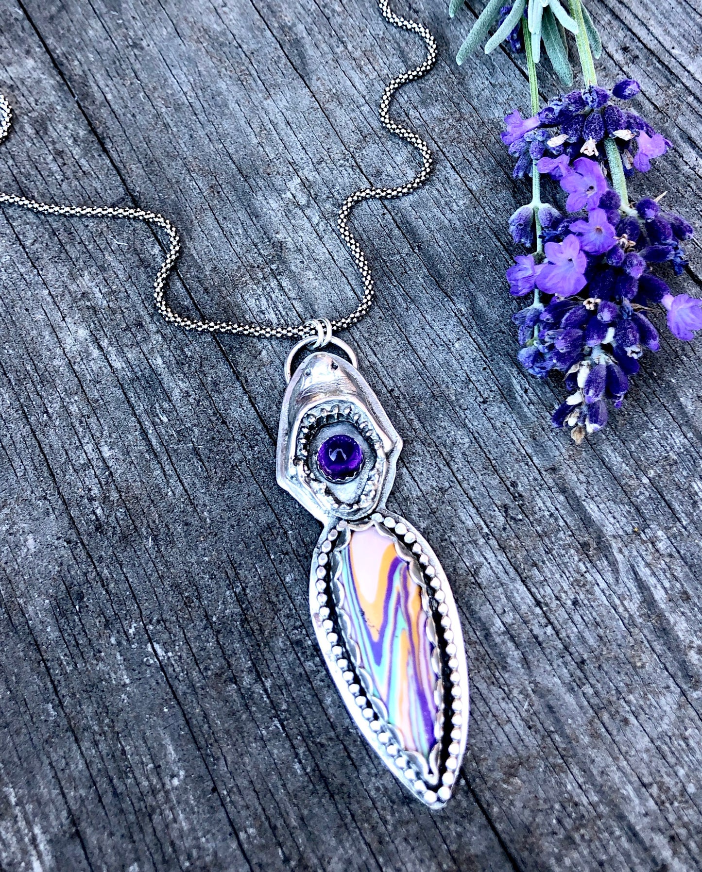 Sterling Silver Shark With Amethyst and Surfite Necklace