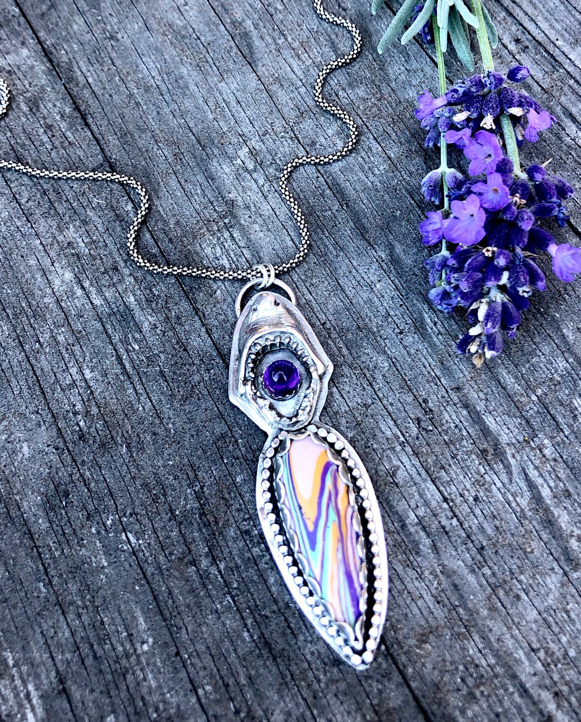 Sterling Silver Shark With Amethyst and Surfite Necklace