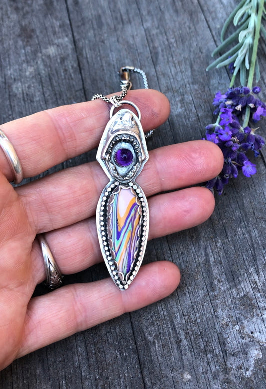 Sterling Silver Shark With Amethyst and Surfite Necklace