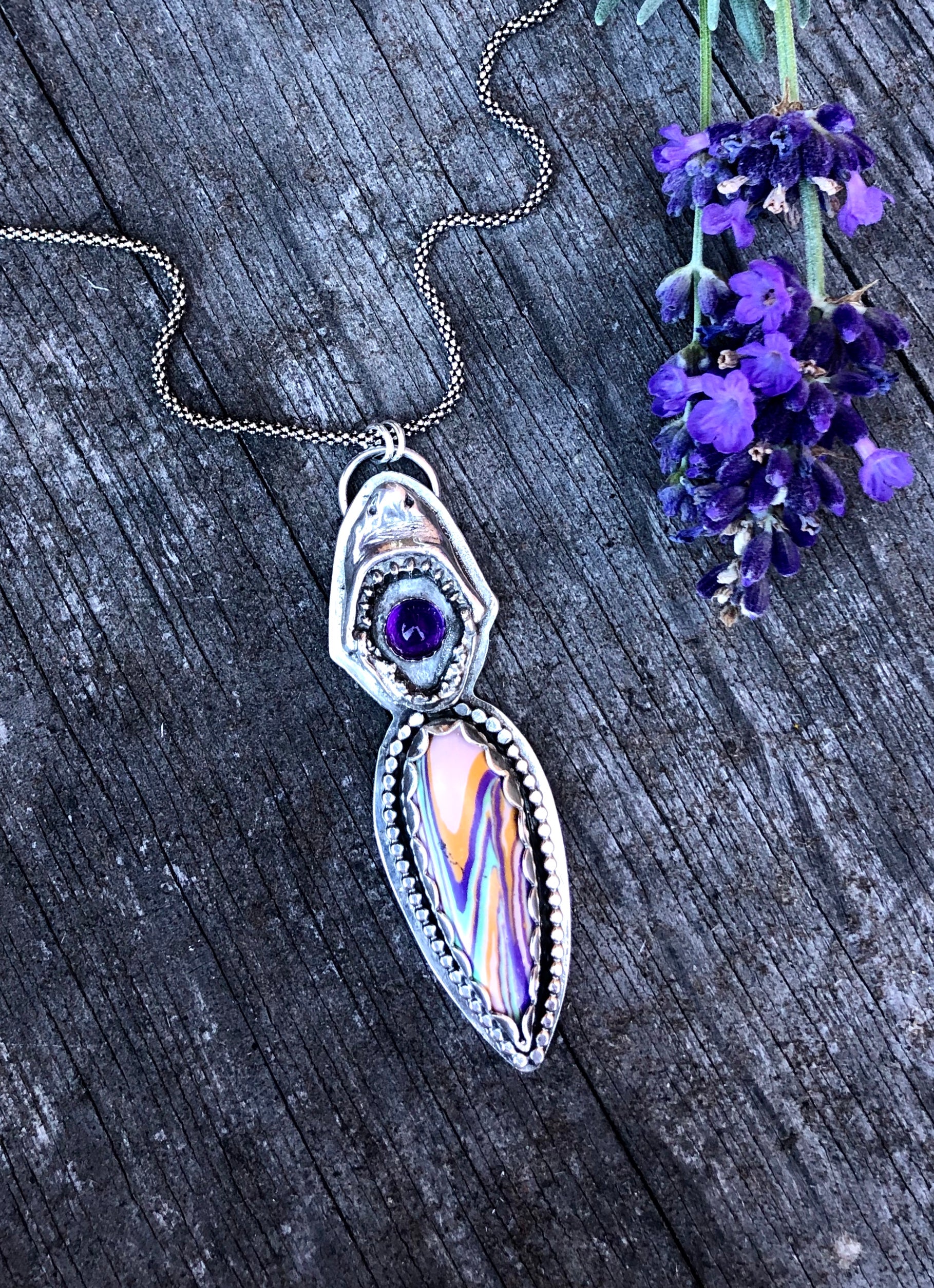 Sterling Silver Shark With Amethyst and Surfite Necklace