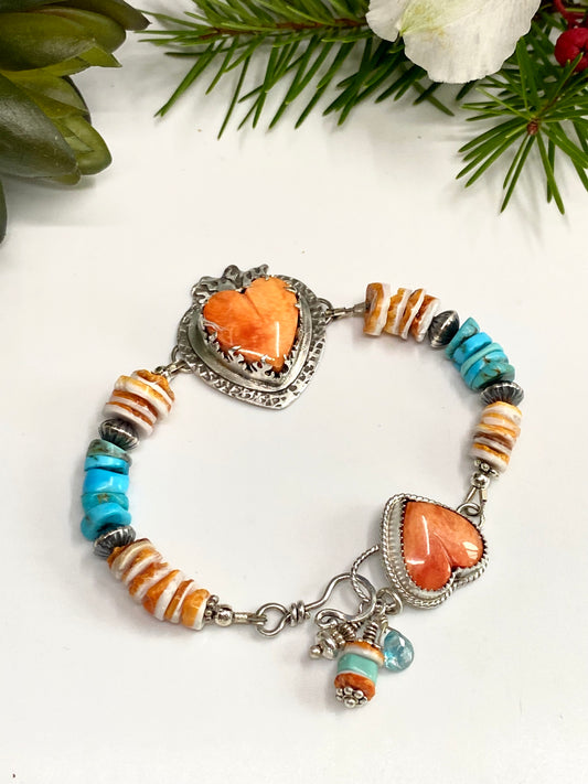Sterling Silver, Spiney Oyster And Kingman Turquoise Hearts On Fire Bracelet