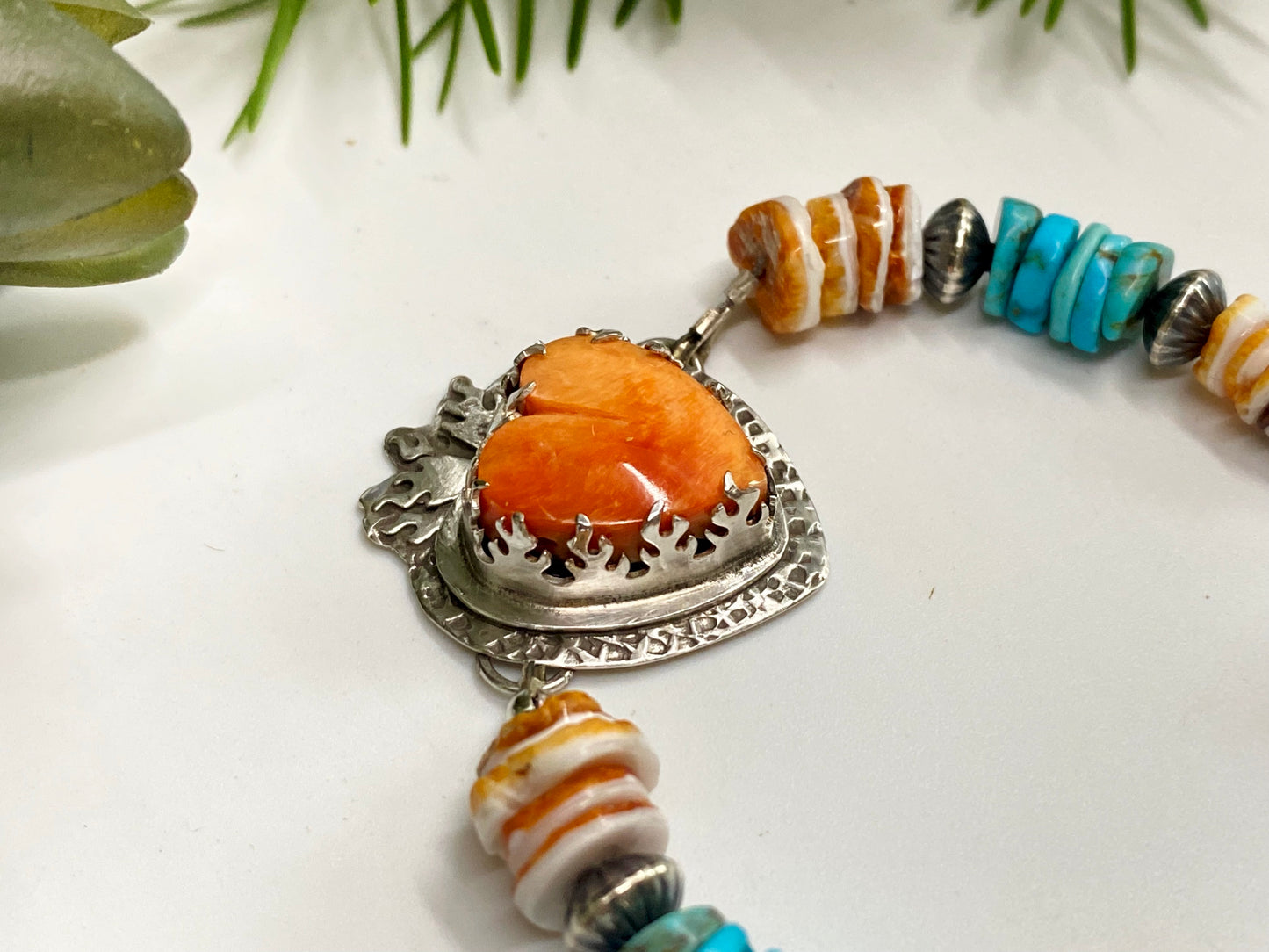 Sterling Silver, Spiney Oyster And Kingman Turquoise Hearts On Fire Bracelet