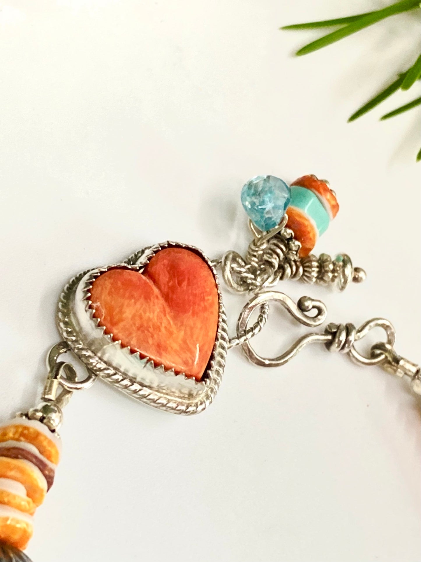 Sterling Silver, Spiney Oyster And Kingman Turquoise Hearts On Fire Bracelet