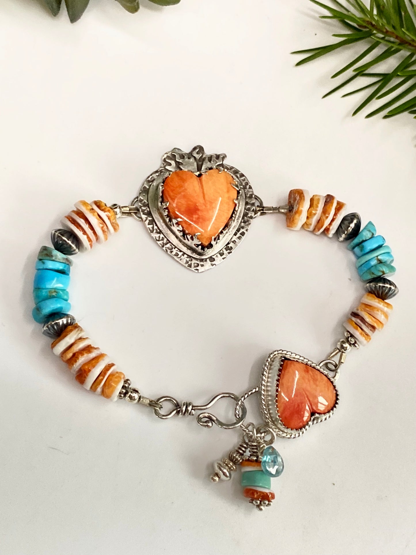 Sterling Silver, Spiney Oyster And Kingman Turquoise Hearts On Fire Bracelet