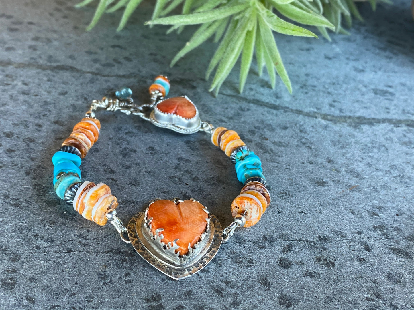 Sterling Silver, Spiney Oyster And Kingman Turquoise Hearts On Fire Bracelet