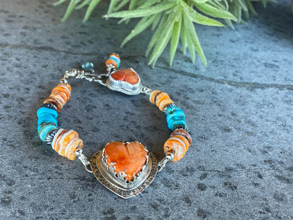 Sterling Silver, Spiney Oyster And Kingman Turquoise Hearts On Fire Bracelet