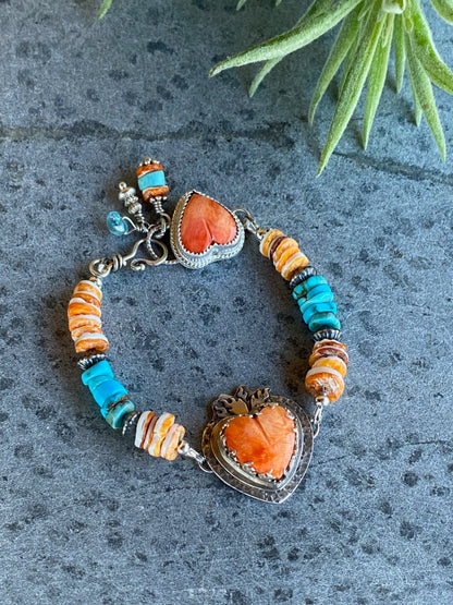 Sterling Silver, Spiney Oyster And Kingman Turquoise Hearts On Fire Bracelet