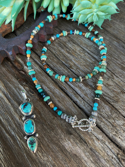 Totem Spirit Necklace - Turquoise And Sterling Beaded Chain With Triple Hubei Turquoise Pendant