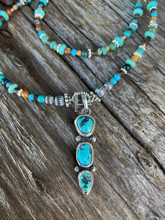 Totem Spirit Necklace - Turquoise And Sterling Beaded Chain With Triple Hubei Turquoise Pendant