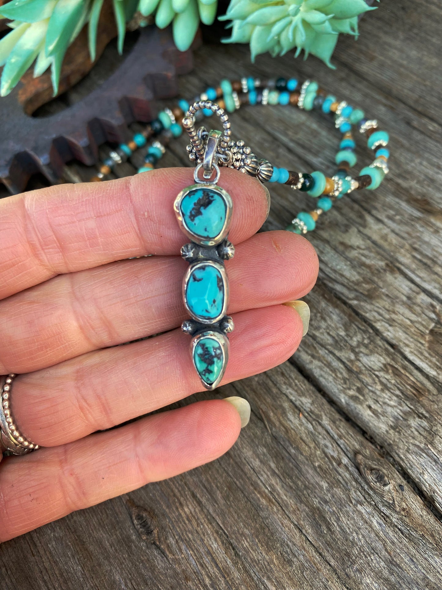 Totem Spirit Necklace - Turquoise And Sterling Beaded Chain With Triple Hubei Turquoise Pendant