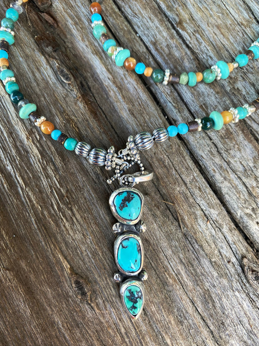 Totem Spirit Necklace - Turquoise And Sterling Beaded Chain With Triple Hubei Turquoise Pendant