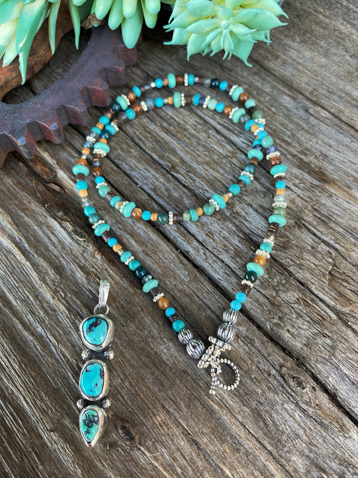 Totem Spirit Necklace - Turquoise And Sterling Beaded Chain With Triple Hubei Turquoise Pendant