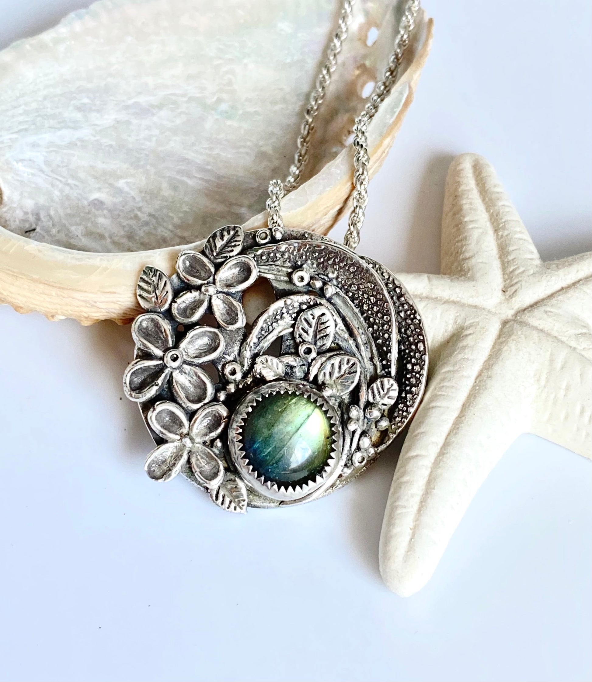 Sterling Silver And Labradorite Tropical Flower Garden Necklace