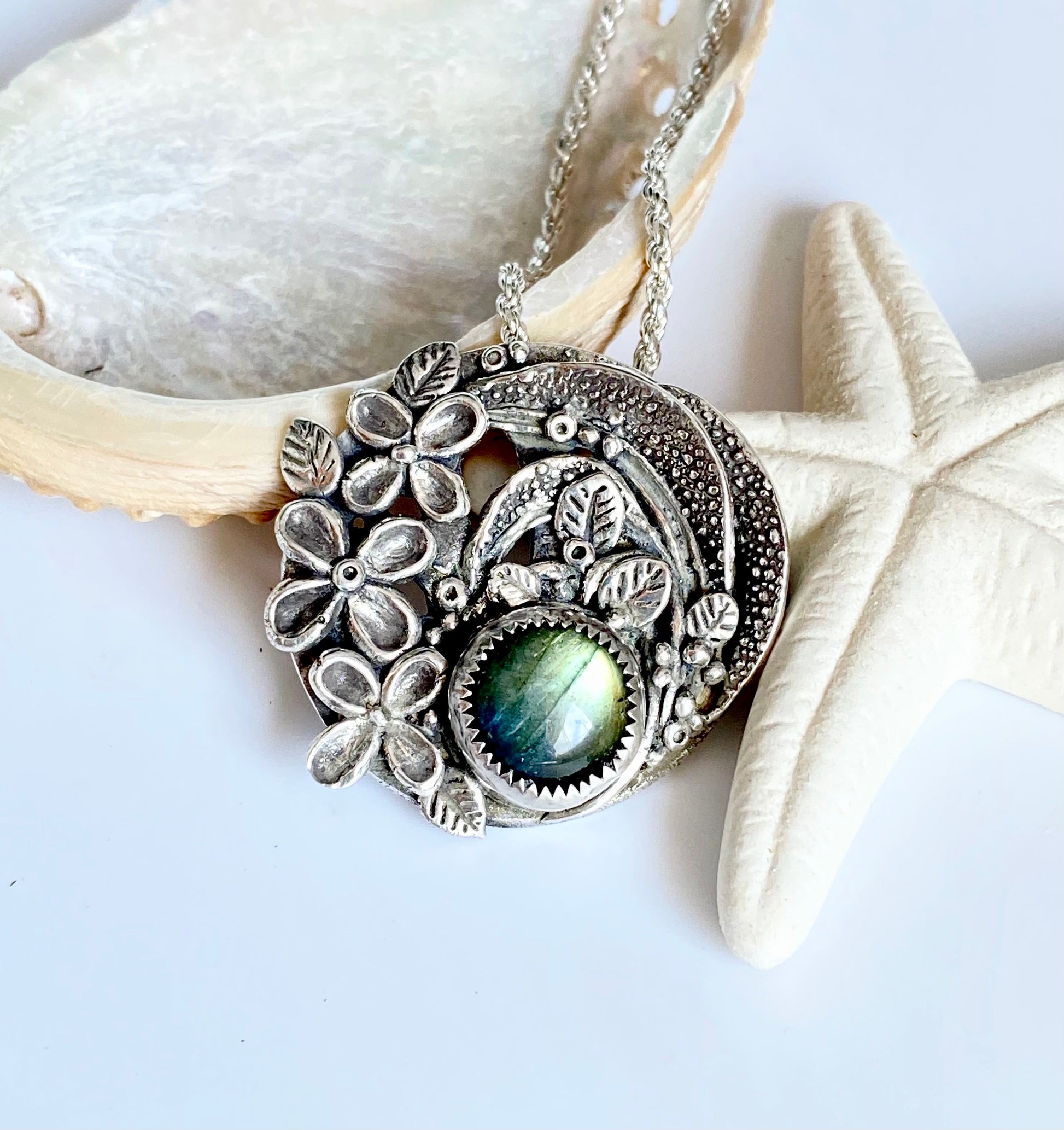 Sterling Silver And Labradorite Tropical Flower Garden Necklace