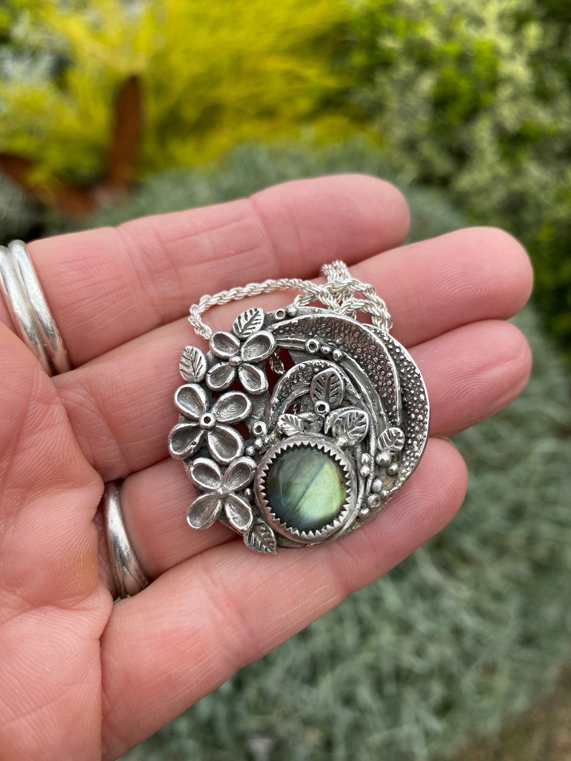 Sterling Silver And Labradorite Tropical Flower Garden Necklace