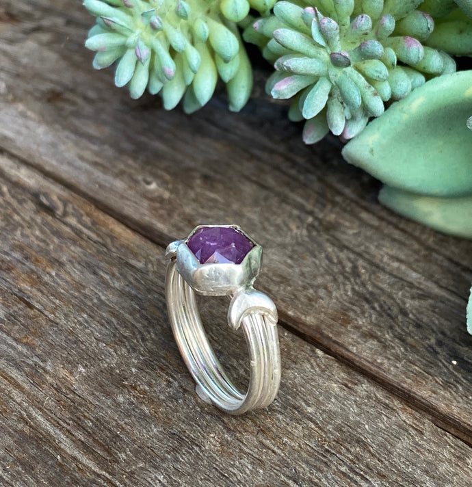 Luna Ring - Sterling Silver Star Sapphire Hexagon Moon Ring