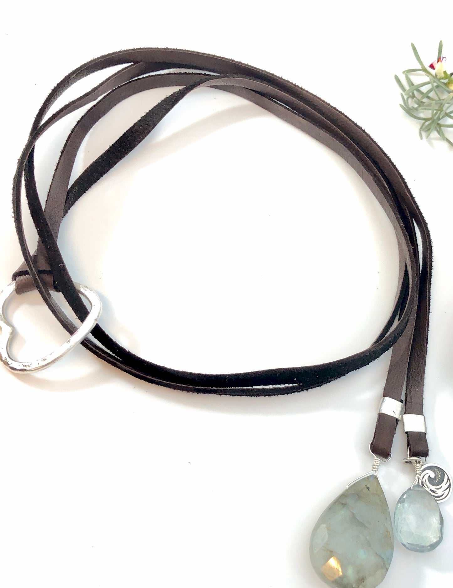 Hammered Sterling Heart With Leather And Gemstone Necklace