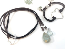 Load image into Gallery viewer, Hammered Sterling Heart With Leather And Gemstone Necklace
