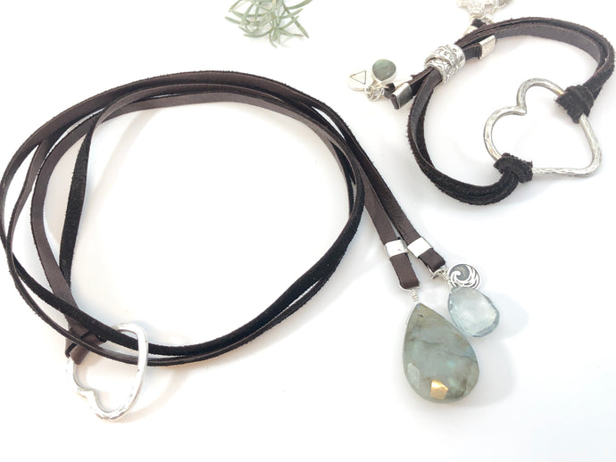 Hammered Sterling Heart With Leather And Gemstone Necklace