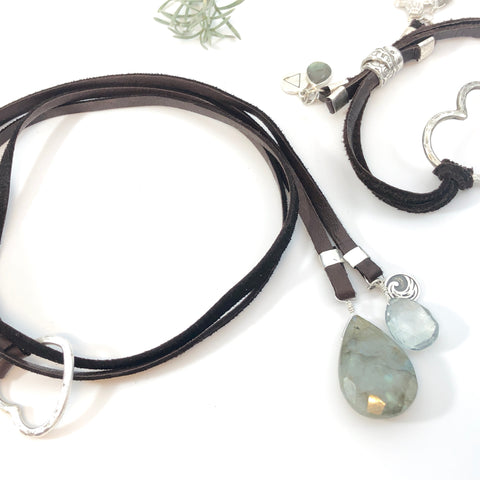 Hammered Sterling Heart With Leather And Gemstone Necklace - Heart Necklace